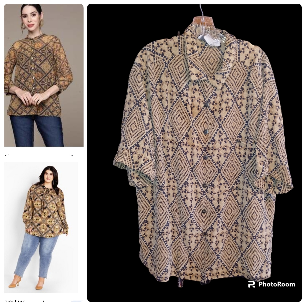 100% Silk Essential Brown Collared Button Down Bl… - image 1